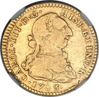 Mexico coin 2 Escudos - Carlos III (1772 - 1784) obverse obverse of 2 Escudos - Carlos III (1772 - 1784) coin with KM# 130 from Mexico. Inscription: CAROL · III · D · G · HISP · ETIND · R · · 1785 ·