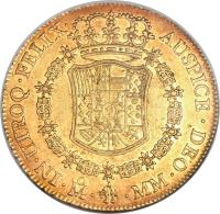 Mexico coin 8 Escudos - Carlos III (1762 - 1771) reverse reverse of 8 Escudos - Carlos III (1762 - 1771) coin with KM# 155 from Mexico. Inscription: IN*UTROQ*FELIX* AUSPICR*DEO* Mo MM