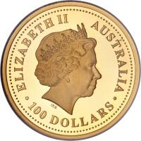 obverse of 100 Dollars - Elizabeth II - Lunar Year: Year of the Dog - 4'th Portrait (2006) coin with KM# 1905 from Australia. Inscription: ELIZABETH II · AUSTRALIA · IRB · 100 DOLLARS ·