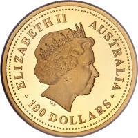 Australia coin 100 Dollars - Elizabeth II - Lunar Year: Year of the Dog - 4'th Portrait (2006) obverse obverse of 100 Dollars - Elizabeth II - Lunar Year: Year of the Dog - 4'th Portrait (2006) coin with KM# 1905 from Australia. Inscription: ELIZABETH II · AUSTRALIA · IRB · 100 DOLLARS ·