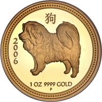 Australia coin 100 Dollars - Elizabeth II - Lunar Year: Year of the Dog - 4'th Portrait (2006) reverse reverse of 100 Dollars - Elizabeth II - Lunar Year: Year of the Dog - 4'th Portrait (2006) coin with KM# 1905 from Australia. Inscription: 2006 P 1oz 9999 GOLD
