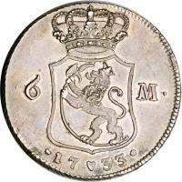 Denmark coin 1 Riksdaler - Christian VI (1732 - 1733) reverse reverse of 1 Riksdaler - Christian VI (1732 - 1733) coin with KM# 539 from Denmark. Inscription: 6 M. .1733.