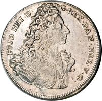 Denmark coin 1 Riksdaler - Frederik IV (1704) obverse obverse of 1 Riksdaler - Frederik IV (1704) coin with KM# 479 from Denmark. Inscription: FRID.IIII.D.G.REX DAN.NOR.V.G