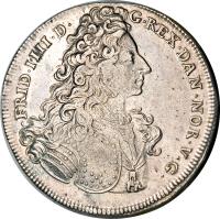 obverse of 1 Riksdaler - Frederik IV (1704) coin with KM# 479 from Denmark. Inscription: FRID.IIII.D.G.REX DAN.NOR.V.G