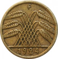 Germany coin 5 Rentenpfennig (1923 - 1925) obverse obverse of 5 Rentenpfennig (1923 - 1925) coin with KM# 32 from Germany. Inscription: A 1924