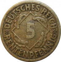Germany coin 5 Rentenpfennig (1923 - 1925) reverse reverse of 5 Rentenpfennig (1923 - 1925) coin with KM# 32 from Germany. Inscription: DEUTSCHES REICH 5 RENTENPFENNIG