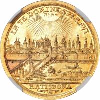 German States coin 2 Ducat - Franz I (1745 - 1765) reverse reverse of 2 Ducat - Franz I (1745 - 1765) coin with KM# 329 from German States. Inscription: IN TE DOMINE SPERAVI RATISBONA B