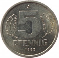 reverse of 5 Pfennig (1968 - 1990) coin with KM# 9 from Germany. Inscription: A 5 PFENNIG 1983