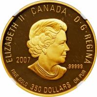 obverse of 350 Dollars - Elizabeth II - Purple violet (2007) coin with KM# 754 from Canada. Inscription: ELIZABETH II CANADA D · G · REGINA 2005 .999 FINE GOLD 350 DOLLARS OR PUR