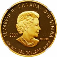 Canada coin 350 Dollars - Elizabeth II - Purple violet (2007) obverse obverse of 350 Dollars - Elizabeth II - Purple violet (2007) coin with KM# 754 from Canada. Inscription: ELIZABETH II CANADA D · G · REGINA 2005 .999 FINE GOLD 350 DOLLARS OR PUR