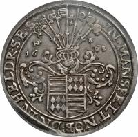 German States coin 1 Taler - Christian Friedrich (1653 - 1665) reverse reverse of 1 Taler - Christian Friedrich (1653 - 1665) coin with KM# 222 from German States. Inscription: IN.MANSFELTNOB:DN.INHELDR:S:E:S: