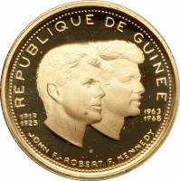 Guinea coin 1000 Francs - 10th Anniversary of Independence: John and Robert Kennedy (1969 - 1970) reverse reverse of 1000 Francs - 10th Anniversary of Independence: John and Robert Kennedy (1969 - 1970) coin with KM# 17 from Guinea. Inscription: REPUBLIQUE DE GUINEE 1917-1963 1925-1968 JOHN F. - ROBERT F. KENNEDY