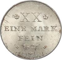 German States coin 1/2 Taler - Georg Wilhelm (1821) reverse reverse of 1/2 Taler - Georg Wilhelm (1821) coin with KM# 34 from German States. Inscription: *XX* EINE MARK FEIN 1821