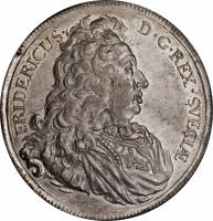 Sweden coin 1 Riksdaler - Fredrik I (1730 - 1733) obverse obverse of 1 Riksdaler - Fredrik I (1730 - 1733) coin with KM# 395.2 from Sweden. Inscription: FRIDERICUS · D · G · REX · SVECIAE ·
