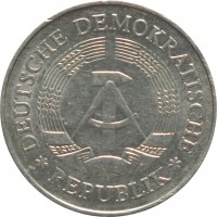 obverse of 1 Mark (1972 - 1990) coin with KM# 35 from Germany. Inscription: DEUTSCHE DEMOKRATISCHE * REPUBLIK *