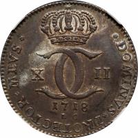 Sweden coin 2 Caroliner - Karl XII (1718) obverse obverse of 2 Caroliner - Karl XII (1718) coin with KM# 322 from Sweden. Inscription: C XII 1718 L C *DOMINVS*PROTECTOR*MEVS*