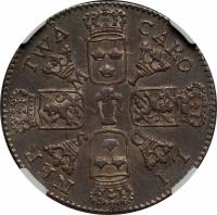 reverse of 2 Caroliner - Karl XII (1718) coin with KM# 322 from Sweden. Inscription: TWÅ CARO LI NER I D S M