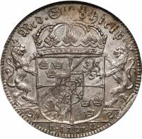 Sweden coin 1 Riksdaler - Karl XII (1707) reverse reverse of 1 Riksdaler - Karl XII (1707) coin with KM# 335 from Sweden. Inscription: Med.Gudz.Hielp L.C. 1707.