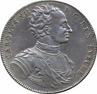 obverse of 1 Riksdaler - Karl XII (1718) coin with KM# 362 from Sweden. Inscription: CAROLVS · XII · D · G · REX · SVECIÆ ·