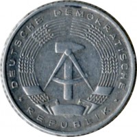 obverse of 50 Pfennig (1958 - 1990) coin with KM# 12 from Germany. Inscription: DEUTSCHE DEMOKRATISCHE * REPUBLIK *