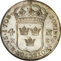 Sweden coin 4 Mark - Karl XII (1697 - 1705) reverse reverse of 4 Mark - Karl XII (1697 - 1705) coin with KM# 315 from Sweden. Inscription: 4 M H Z DOMINVS · PROTECTOR · MEVS · 1703*