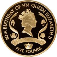 Alderney coin 5 Pounds - Elizabeth II - 80th Anniversary of the Birth of Queen Elizabeth II (2006) reverse reverse of 5 Pounds - Elizabeth II - 80th Anniversary of the Birth of Queen Elizabeth II (2006) coin with KM# 133b from Alderney. Inscription: 80th BIRTHDAY OF HM QUEEN ELIZABETH II 21st April 2006 FIVE POUNDS