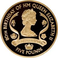 reverse of 5 Pounds - Elizabeth II - 80th Anniversary of the Birth of Queen Elizabeth II - 4'th Portrait (2006) coin from Jersey. Inscription: 80TH BIRTHDAY OF HM QUEEN ELIZABETH II 21st April 2006 FIVE POUNDS