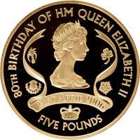 Jersey coin 5 Pounds - Elizabeth II - 80th Anniversary of the Birth of Queen Elizabeth II - 4'th Portrait (2006) reverse reverse of 5 Pounds - Elizabeth II - 80th Anniversary of the Birth of Queen Elizabeth II - 4'th Portrait (2006) coin from Jersey. Inscription: 80TH BIRTHDAY OF HM QUEEN ELIZABETH II 21st April 2006 FIVE POUNDS