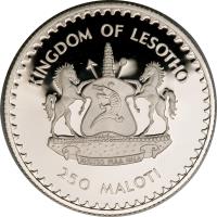 obverse of 250 Maloti - Moshoeshoe II - Marriage of Prince Charles and Lady Diana (1981) coin with KM# 31a from Lesotho. Inscription: KINGDOM OF LESOTHO 250 MALOTI