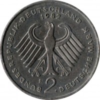 Germany coin 2 Deutsche Mark - Kurt Schumacher (1979 - 1993) obverse obverse of 2 Deutsche Mark - Kurt Schumacher (1979 - 1993) coin with KM# 149 from Germany. Inscription: BUNDESREPUBLIK DEUTSCHLAND 1990 D 2 DEUTSCHE MARK