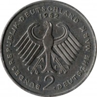 obverse of 2 Deutsche Mark - Kurt Schumacher (1979 - 1993) coin with KM# 149 from Germany. Inscription: BUNDESREPUBLIK DEUTSCHLAND 1990 D 2 DEUTSCHE MARK