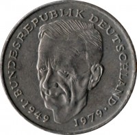 Germany coin 2 Deutsche Mark - Kurt Schumacher (1979 - 1993) reverse reverse of 2 Deutsche Mark - Kurt Schumacher (1979 - 1993) coin with KM# 149 from Germany. Inscription: BUNDESREPUBLIK DEUTSCHLAND 1949 1979
