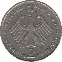 obverse of 2 Deutsche Mark - Theodor Heuss (1970 - 1987) coin with KM# A127 from Germany. Inscription: BUNDESREPUBLIK DEUTSCHLAND 1971 F 2 DEUTSCHE MARK