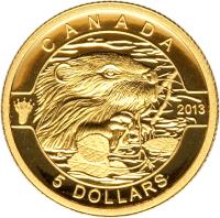 reverse of 5 Dollars - Elizabeth II - O Canada: Beaver (2013) coin with KM# 1395 from Canada. Inscription: CANADA 2013 5 DOLLARS