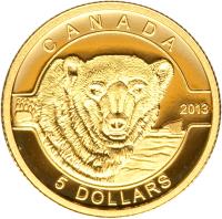 reverse of 5 Dollars - Elizabeth II - O Canada: Polar Bear (2013) coin with KM# 1401 from Canada. Inscription: CANADA 2013 5 DOLLARS