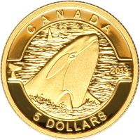 reverse of 5 Dollars - Elizabeth II - O Canada: Orca Whale (2013) coin with KM# 1543 from Canada. Inscription: CANADA 2013 5 DOLLARS
