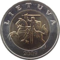 obverse of 5 Litai (1998 - 2014) coin with KM# 113 from Lithuania. Inscription: LIETUVA 2009