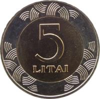 reverse of 5 Litai (1998 - 2014) coin with KM# 113 from Lithuania. Inscription: 5 LITAI