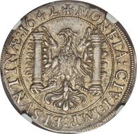 German States coin 1/2 Taler - Karl V (1642 - 1645) reverse reverse of 1/2 Taler - Karl V (1642 - 1645) coin with KM# 28 from German States. Inscription: +MONETA: CIVI: IMP: BISVNTINÆ.