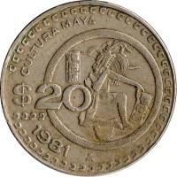 reverse of 20 Pesos (1980 - 1984) coin with KM# 486 from Mexico. Inscription: CULTURA MAYA $20 1980 M