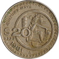 Mexico coin 20 Pesos (1980 - 1984) reverse reverse of 20 Pesos (1980 - 1984) coin with KM# 486 from Mexico. Inscription: CULTURA MAYA $20 1980 M