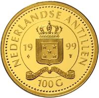 Netherlands Antilles coin 100 Gulden - Beatrix - 500th Anniversary of the discovery of Curaçao (1999) obverse obverse of 100 Gulden - Beatrix - 500th Anniversary of the discovery of Curaçao (1999) coin with KM# 46 from Netherlands Antilles. Inscription: NEDERLANDSE ANTILLEN 1999 LIBERTATE UNANIMUS 100 G