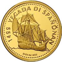 Netherlands Antilles coin 100 Gulden - Beatrix - 500th Anniversary of the discovery of Curaçao (1999) reverse reverse of 100 Gulden - Beatrix - 500th Anniversary of the discovery of Curaçao (1999) coin with KM# 46 from Netherlands Antilles. Inscription: 1499 YEGADA DI SPAÑÓNAN DIOS KU NOS