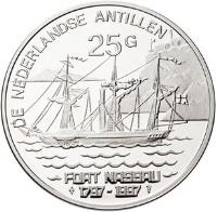 Netherlands Antilles coin 25 Gulden - Beatrix - 200th Anniversary of Fort Nassau (1997) reverse reverse of 25 Gulden - Beatrix - 200th Anniversary of Fort Nassau (1997) coin with KM# 42 from Netherlands Antilles. Inscription: DE NEDERLANDSE ANTILLEN 25 G FORT NASSAU 1797-1997