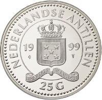 Netherlands Antilles coin 25 Gulden - Beatrix - 500th Anniversary of the discovery of Curaçao (1999) obverse obverse of 25 Gulden - Beatrix - 500th Anniversary of the discovery of Curaçao (1999) coin with KM# 45 from Netherlands Antilles. Inscription: NEDERLANDSE ANTILLEN 1999 LIBERTATE UNANIMUS 25 G