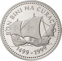 Netherlands Antilles coin 25 Gulden - Beatrix - 500th Anniversary of the discovery of Curaçao (1999) reverse reverse of 25 Gulden - Beatrix - 500th Anniversary of the discovery of Curaçao (1999) coin with KM# 45 from Netherlands Antilles. Inscription: BON BINI NA CURAÇAO 1499-1999
