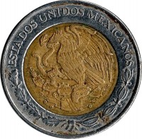 obverse of 1 Peso (1993 - 2015) coin with KM# 603 from Mexico. Inscription: ESTADOS UNIDOS MEXICANOS