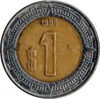 reverse of 1 Peso (1993 - 2015) coin with KM# 603 from Mexico. Inscription: 2005 $1 Mo