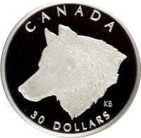 Canada coin 30 Dollars - Elizabeth II - Canadian Wildlife: Grey Wolf (1998) reverse reverse of 30 Dollars - Elizabeth II - Canadian Wildlife: Grey Wolf (1998) coin with KM# 322 from Canada. Inscription: CANADA 30 DOLLARS KB
