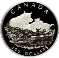 reverse of 300 Dollars - Elizabeth II - Canadian Wildlife: Grey Wolf (1998) coin with KM# 325 from Canada. Inscription: CANADA 300 DOLLARS KB